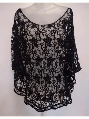Black Open Knit Lace Crochet Poncho Shawl One Size Boho Festival Sheer Topper